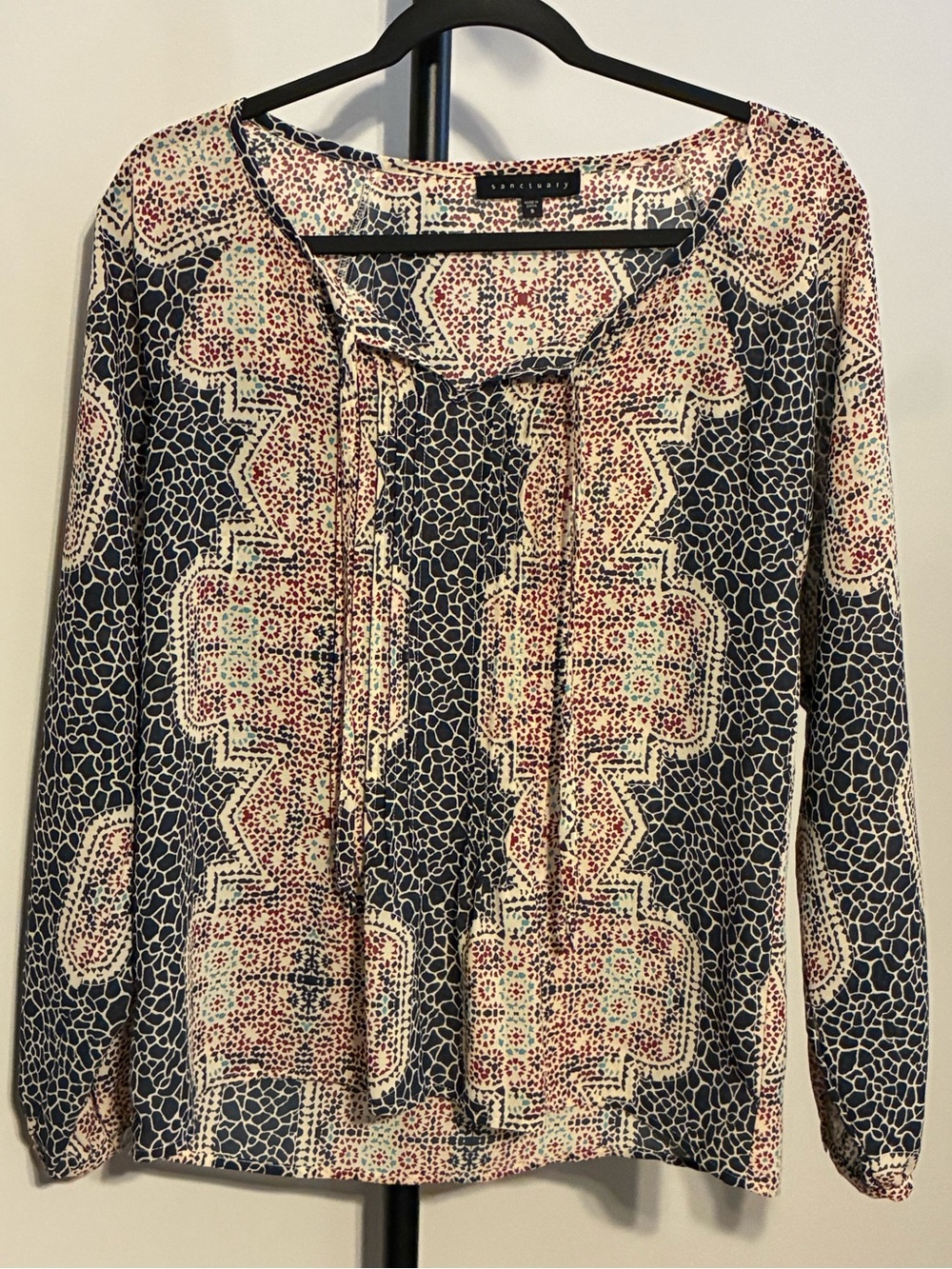 Sanctuary Small Navy Boho Multi Printed Tie-Front Blouse